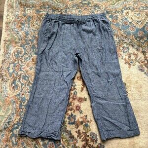 L.L. Bean 100% Linen Cropped Wide Leg Pants Sz 26W Pull On Chambray Blue Beachy